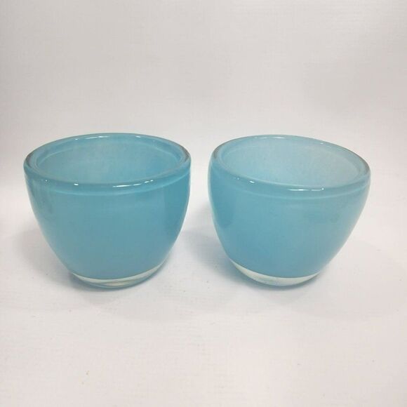 2 Light Blue 3.75" Glass Votive Tea Light Candle Holders Chunky - Picture 1 of 10